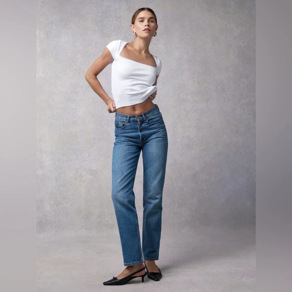 ROUJE Germain 100% Cotton Mid Rise Straight Button Fly Denim Blue Jeans SIZE 24